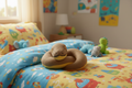 Children's room with colorful bedding and toys